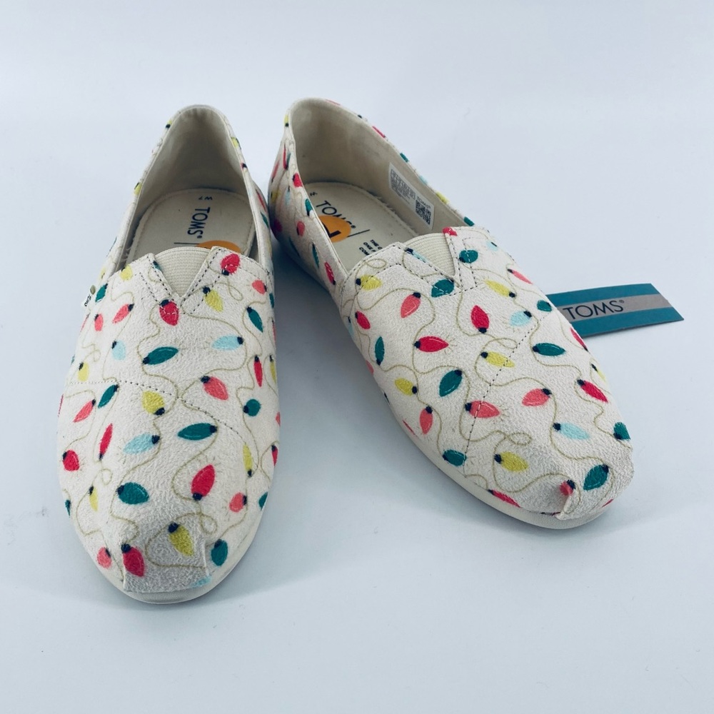 TOMS Belmont Women’s Size 7 Natural Tree Lights Print Holiday Christmas Flat NEW